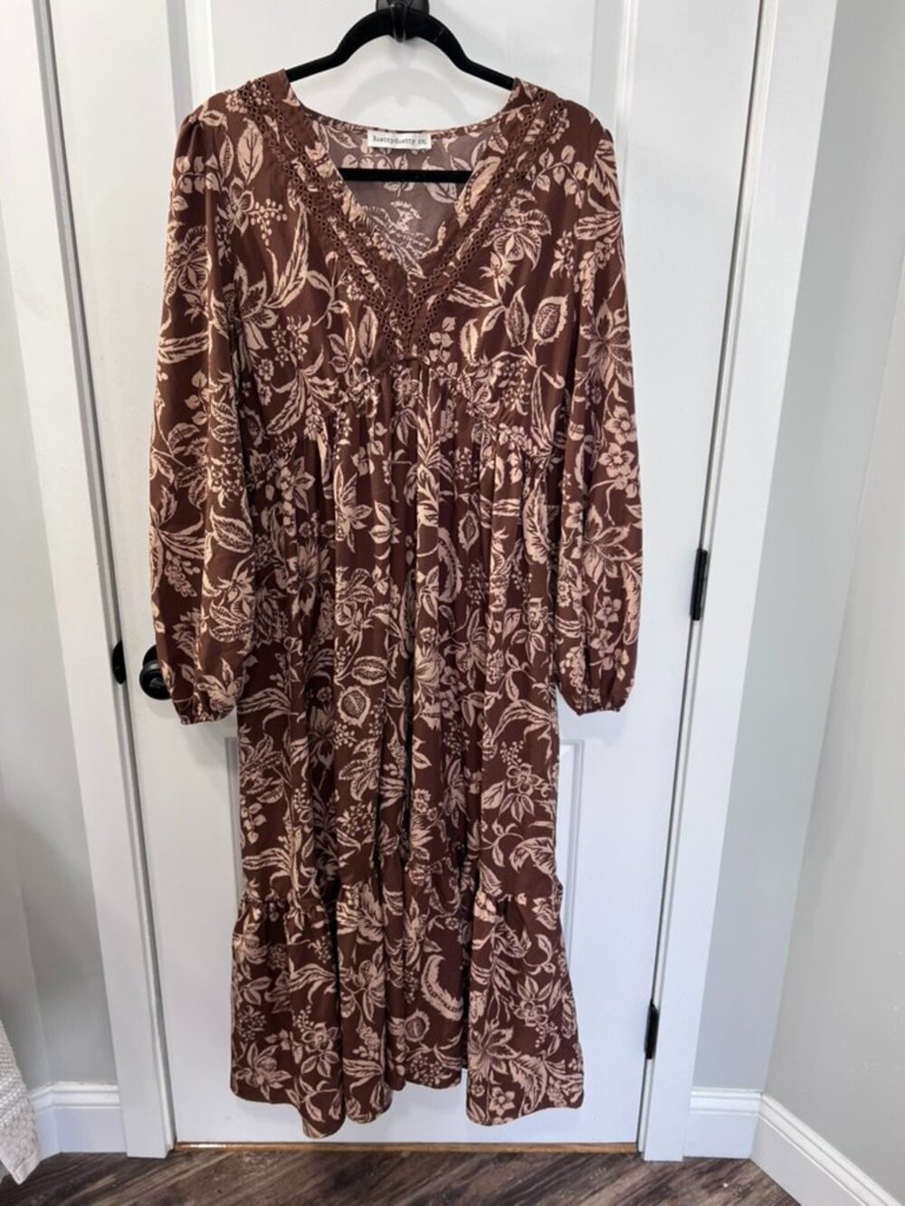 Rusttydustty Brown Floral Boho Midi Dress XXL Cottagecore Prairie Long Sleeve